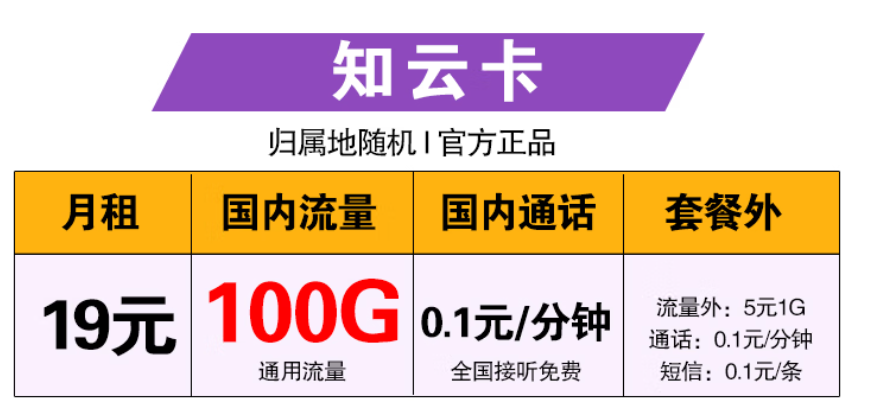 中國移動(dòng)  知云卡 19元100G全國流量+0.1元/分鐘通話 首月免費(fèi)