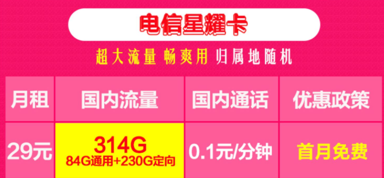 電信超大流量卡 哈爾濱可用314G+首月免費(fèi)用超值套餐無(wú)合約