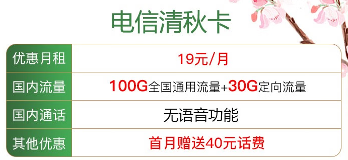 5G清秋卡19元130G國內(nèi)流量 純流量卡 贈送40元話費(fèi) 當(dāng)月有效