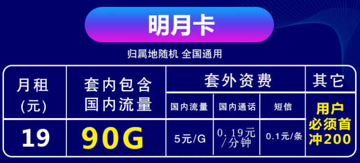 移動19元90G全國流量不限速首月免費明月卡 4人全國親情網(wǎng)互打免費