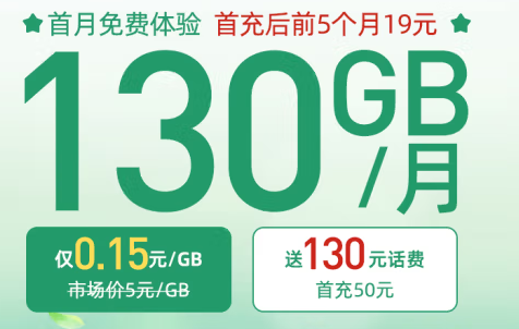 中國電信 19元大流量卡 內(nèi)含180話費(fèi) 每月130G流量 套餐20年有效 首月免費(fèi)體驗(yàn)