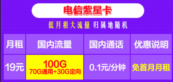 電信紫星卡 低月租大流量 19元包100G流量+0.1元/分國(guó)內(nèi)通話 0元領(lǐng)卡 主流APP暢快玩