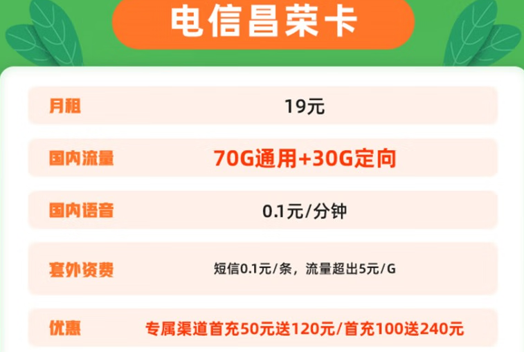 中國(guó)電信：提速降費(fèi)惠民行動(dòng) 電信昌榮卡 月租19元可享70G通用+30G定向+0.1元/分鐘，首充100送240