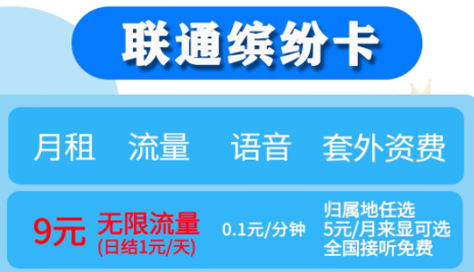 月租不超10元【聯(lián)通繽紛、落櫻卡】月租9元享無(wú)限流量（日結(jié)1元/天）歸屬地任選