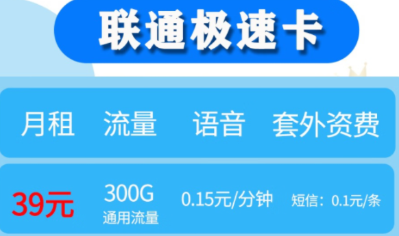 中國聯(lián)通300G超大流量+0.15元/分鐘通話僅需39元 享網(wǎng)絡(luò)極速體驗【聯(lián)通極速卡】