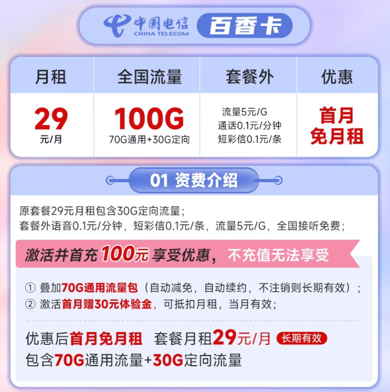 中國電信官方套餐 官方可查正規(guī)號碼月租優(yōu)惠至29元100G全國流量套餐介紹