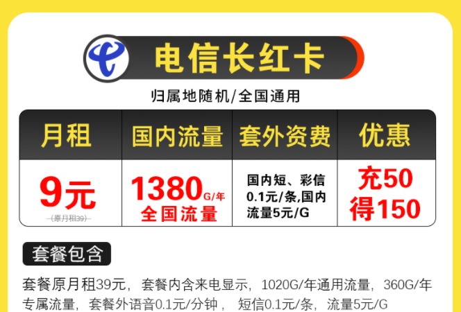 電信超值優(yōu)惠套餐有哪些？電信長紅卡，月租9元包含125G全國流量/月不限速手機上網(wǎng)卡