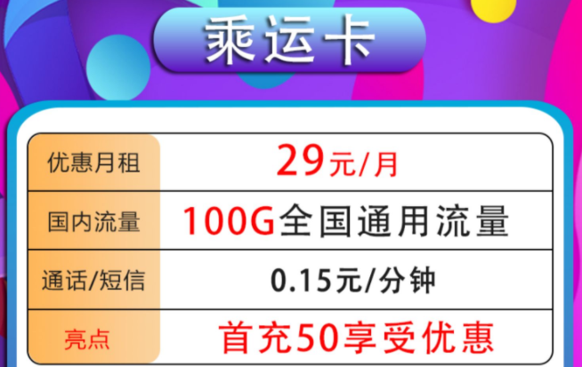 中國電信流量不限速的全國通用流量卡套餐 乘運卡29元100G通用流量