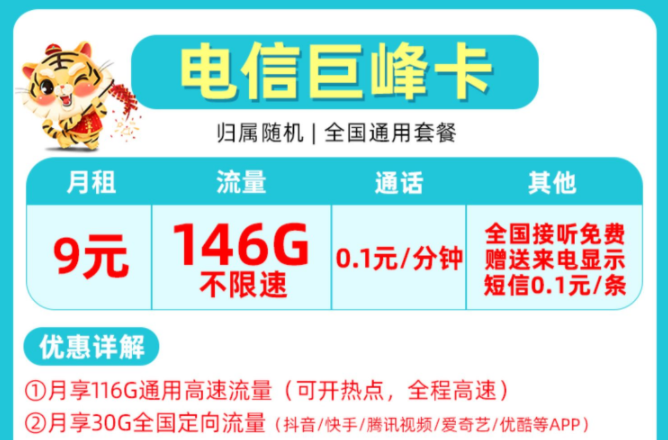 非常受歡迎的流量卡套餐有哪些？電信巨峰卡9元包含146G全國(guó)來(lái)了不限速+首月免費(fèi)