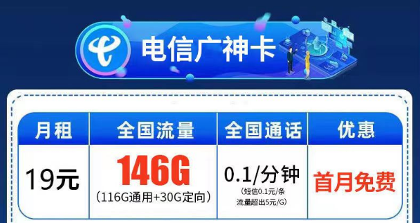 首月免費用的流量卡套餐介紹 電信廣神卡月租19元146G全國流量+首免