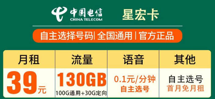 超大流量的流量卡套餐推薦 電信星宏卡39元100G通用+30G定向+100分鐘語(yǔ)音