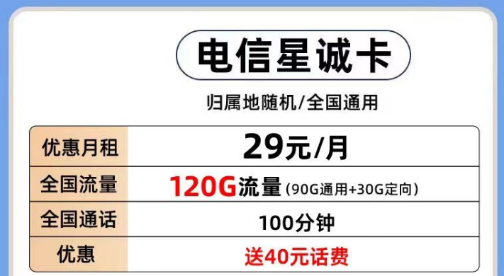 電信有那些好用的流量卡套餐推薦？電信星誠卡29元120G全國流量+首月0月租