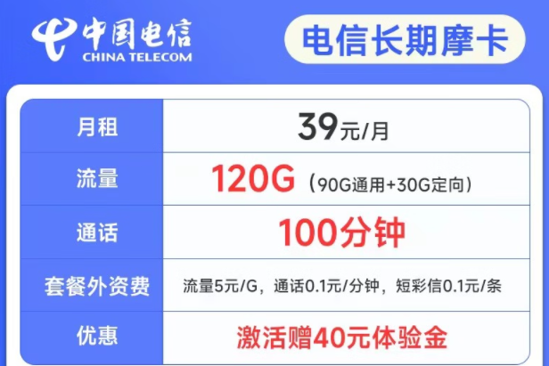 長期可用的電信流量卡套餐推薦 電信長期摩卡39元月租120G流量+100分鐘語音通話