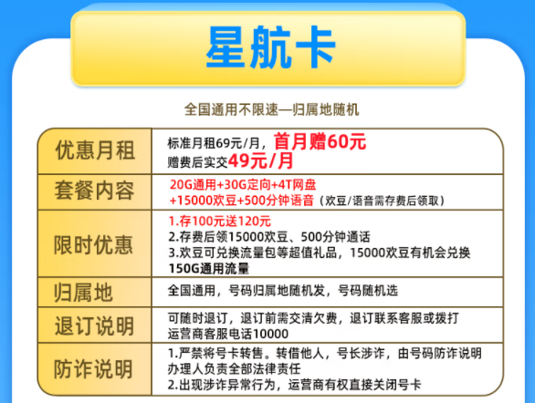 電信星航卡|49元流量卡套餐推薦|包含20G通用+150G通用+30G定向+500分鐘語(yǔ)音