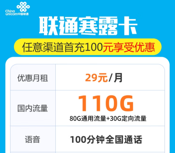 聯(lián)通寒露卡29元包120G流量+100分語音|29元套餐包103G純通用+100分通話|性價比套餐