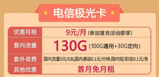 電信極光卡月租9元包100G通用+30G定向|光速卡月租19元包259G流量|首月免月租