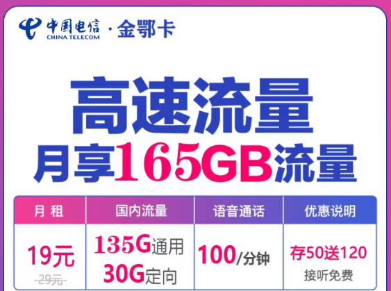 流量超大的電信流量卡哪里賣？電信金鄂卡19元160G、七長B卡19元115G長期|+100分鐘語音+首月0元