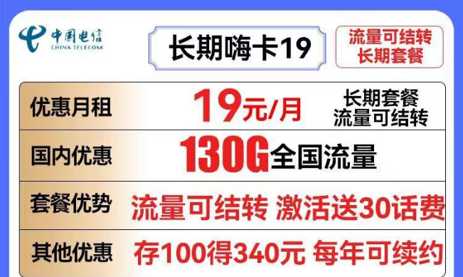 電信19元長期嗨卡19元130G流量+長期可用|關(guān)于流量結(jié)轉(zhuǎn)的一些介紹