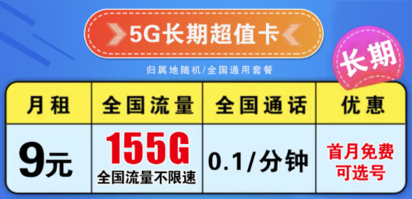 電信9元大流量卡|電信5G長期卡9元155G流量長期+電信大神卡9元185G流量