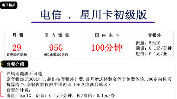 電信星川卡初級、中級卡|29元、39元|大流量免費領(lǐng)！