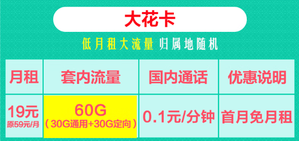 19元聯(lián)通大花卡60G流量+29元聯(lián)通黃金卡204G通用+100分鐘！